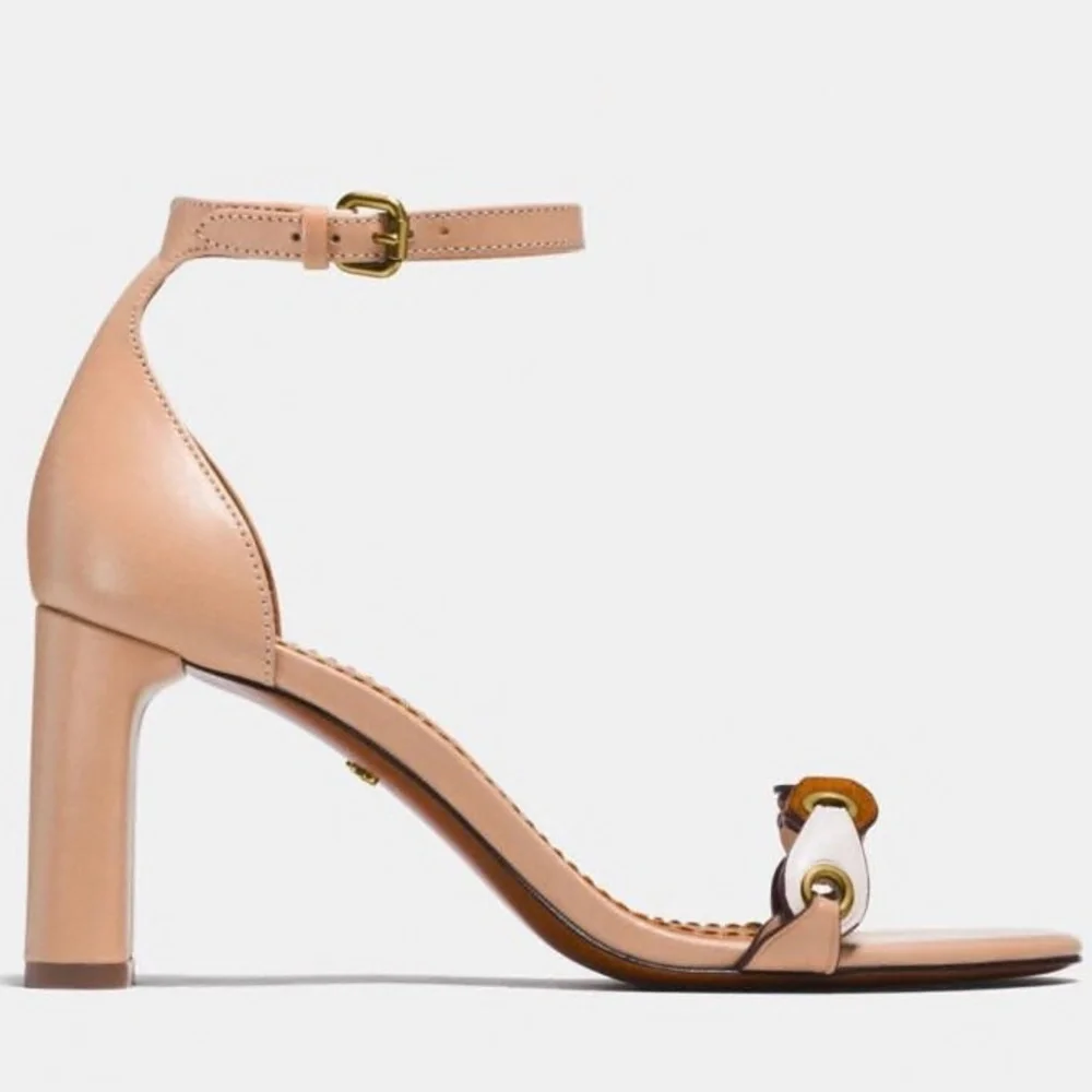 Coach Link Nude Beige Leather Block Heel Ankle Strap Sandals Dress Shoes 8.5
